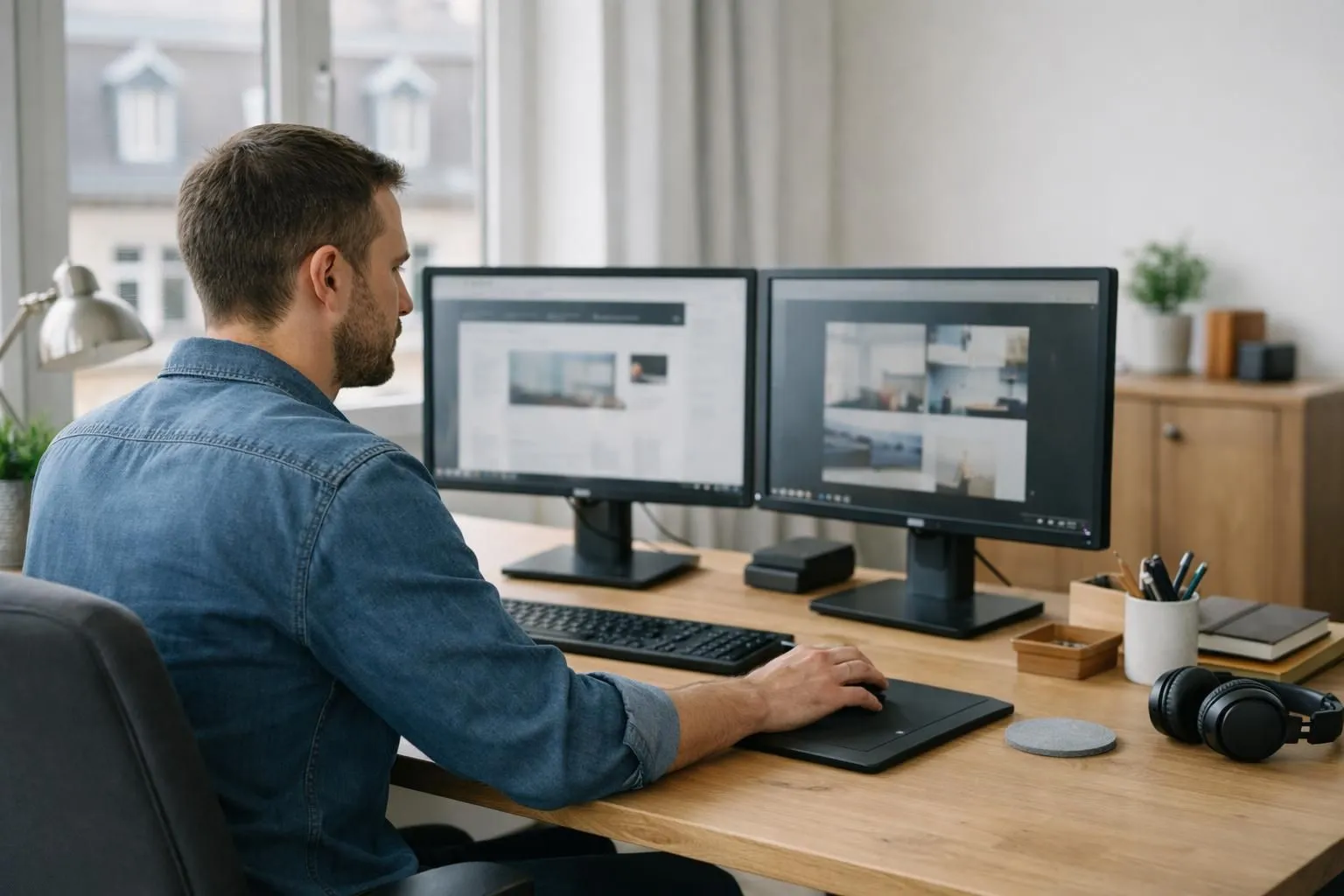 Professional workspace showing a web developer working on dual monitors displaying WordPress dashboard and PrestaShop admin interface, with coffee cup and notebook on modern desk, realistic office environment in Mulhouse style building with natural lighting, NO TEXT NO WORDS NO LETTERS NO NUMBERS NO LOGOS