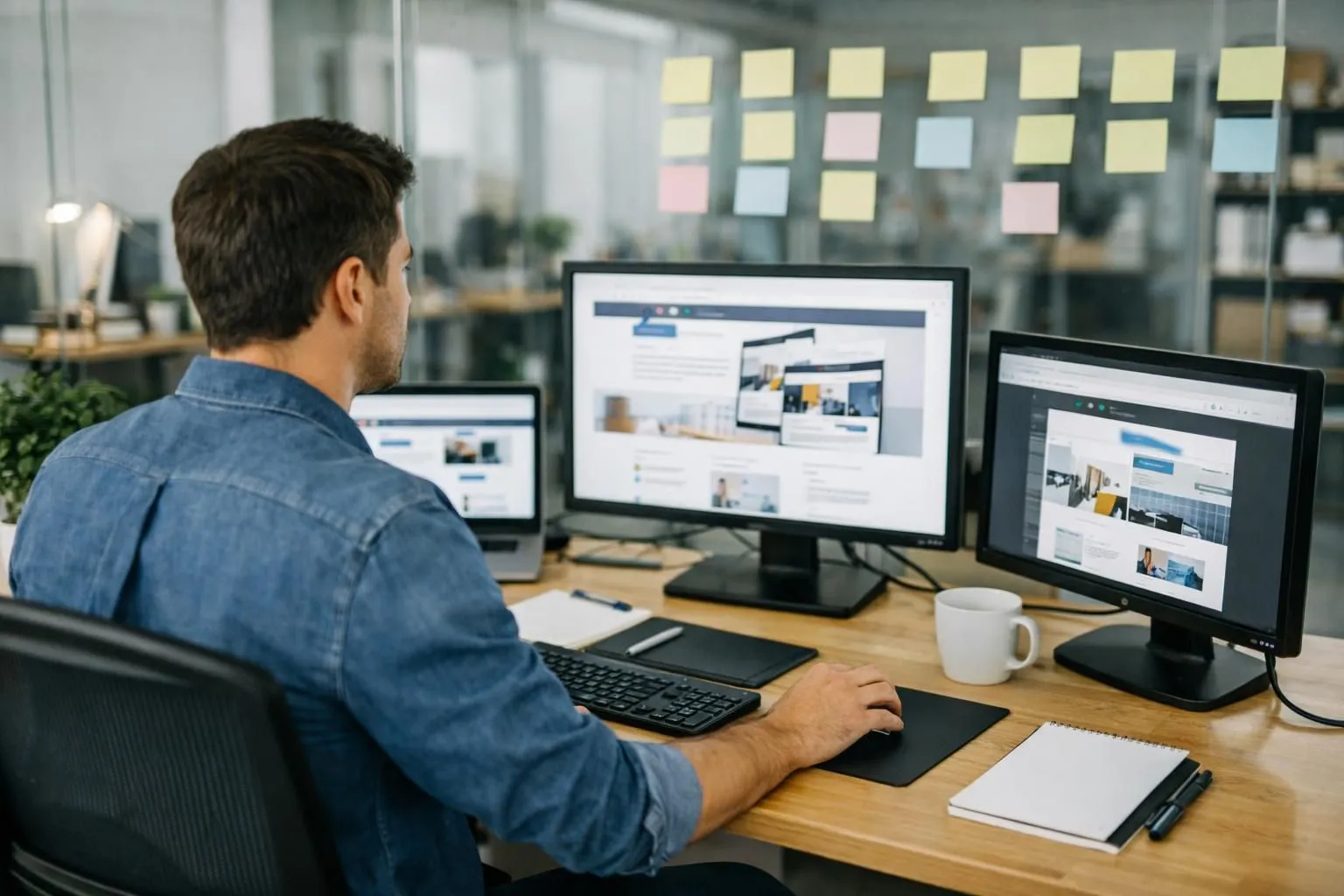 Professional web designer working on multiple computer screens showing wireframes and website mockups in a modern office setting, with sticky notes on a glass board displaying project phases, realistic workspace atmosphere, no text visible on screens