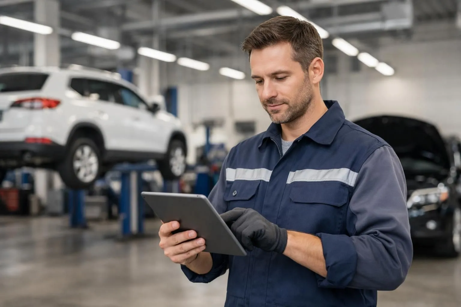 Professional mechanic in a modern car workshop using a tablet to access cloud-based fleet management software, with vehicles visible in the background, clean industrial lighting, no text or labels visible anywhere in the scene