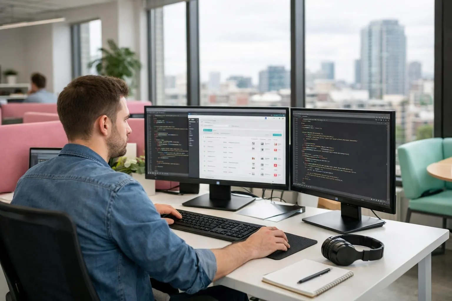 Développeur web concentré devant plusieurs écrans affichant du code PHP et l'interface d'administration PrestaShop, dans un espace de coworking lyonnais lumineux avec vue sur la ville