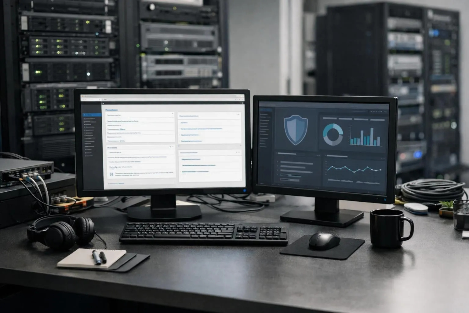 Technical workspace showing a computer screen with WordPress dashboard and security monitoring tools, server rack visible in background, professional IT environment with orange and blue accent lighting, photorealistic style, no text or labels visible