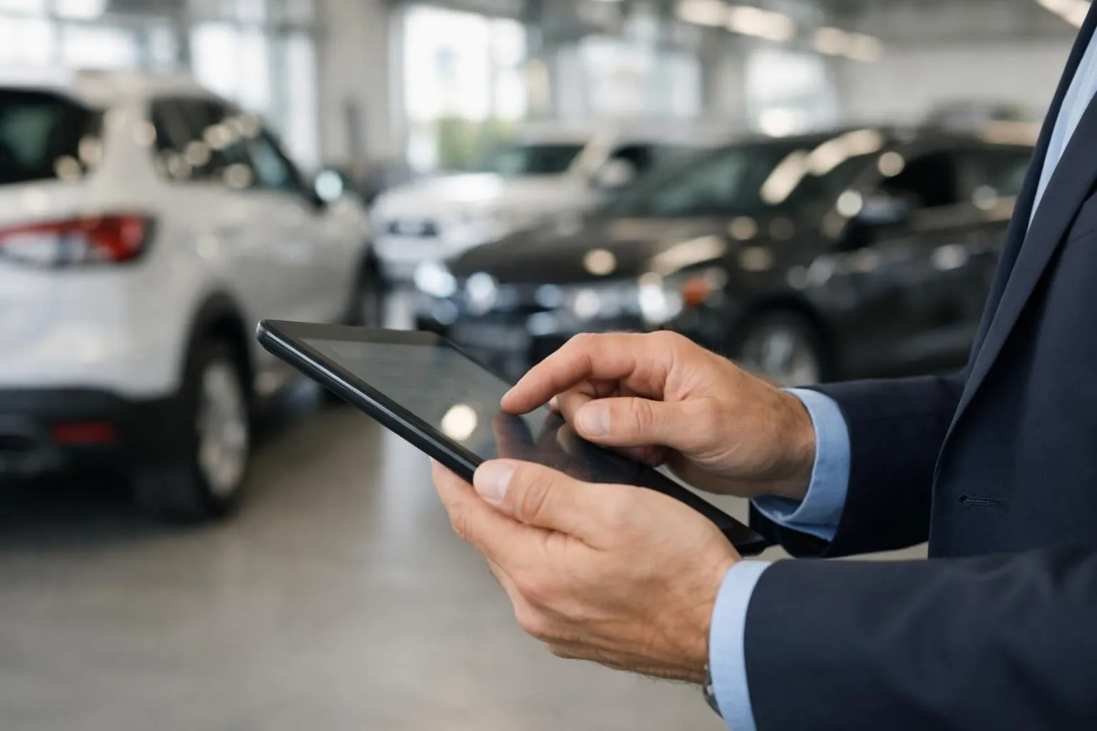 Professional fleet manager using tablet device in automotive dealership garage, reviewing vehicle data on screen with connected cars visible in background, modern industrial setting with natural lighting