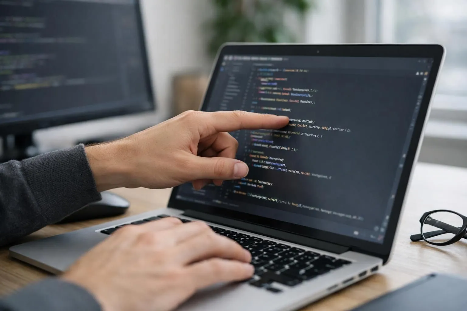 A professional web developer in a modern office pointing at a laptop screen showing code, explaining hidden technical aspects to a business owner seated across the desk, both looking engaged in serious discussion about website development issues, warm office lighting