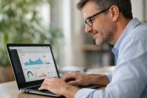 Expert PrestaShop Rhône-Alpes travaillant sur un ordinateur portable