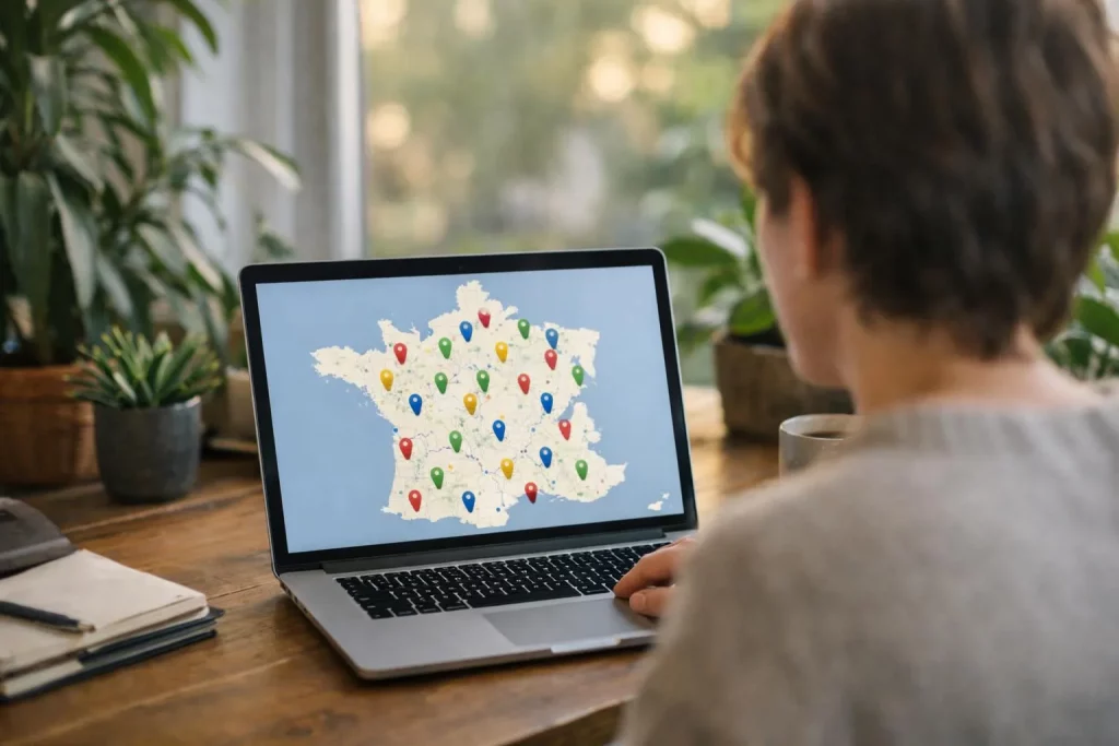 "Choisir une agence web : étapes clés sur ordinateur portable avec carte de France"