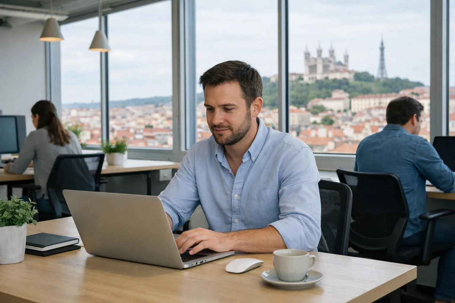 Consultant e-commerce travaillant sur un ordinateur portable affichant un tableau de bord PrestaShop, dans un espace de coworking lumineux avec vue sur les toits lyonnais, ambiance professionnelle et moderne