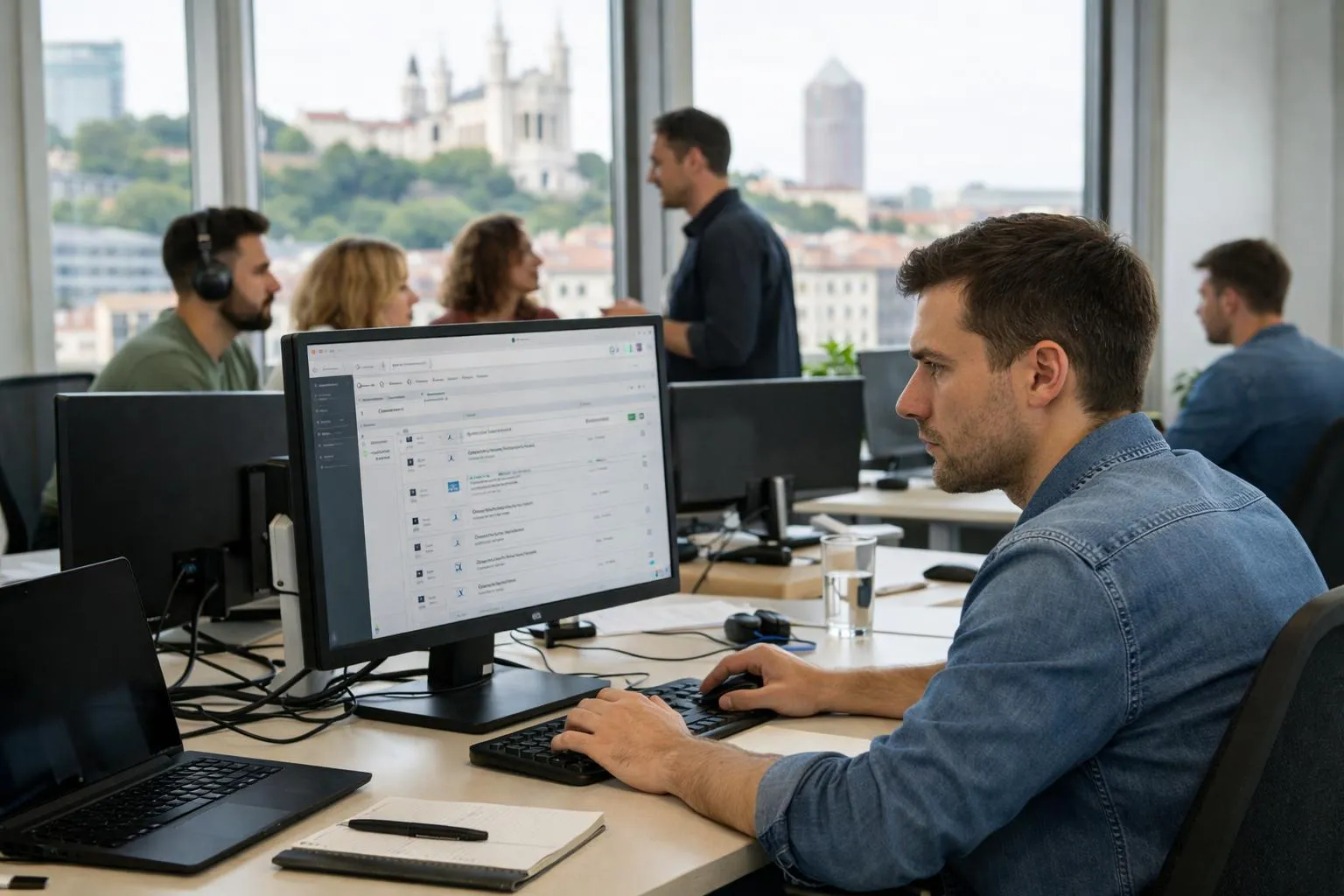Développeur web professionnel travaillant sur un écran affichant une interface de gestion e-commerce PrestaShop dans un bureau moderne à Lyon, environnement de travail technique avec plusieurs moniteurs