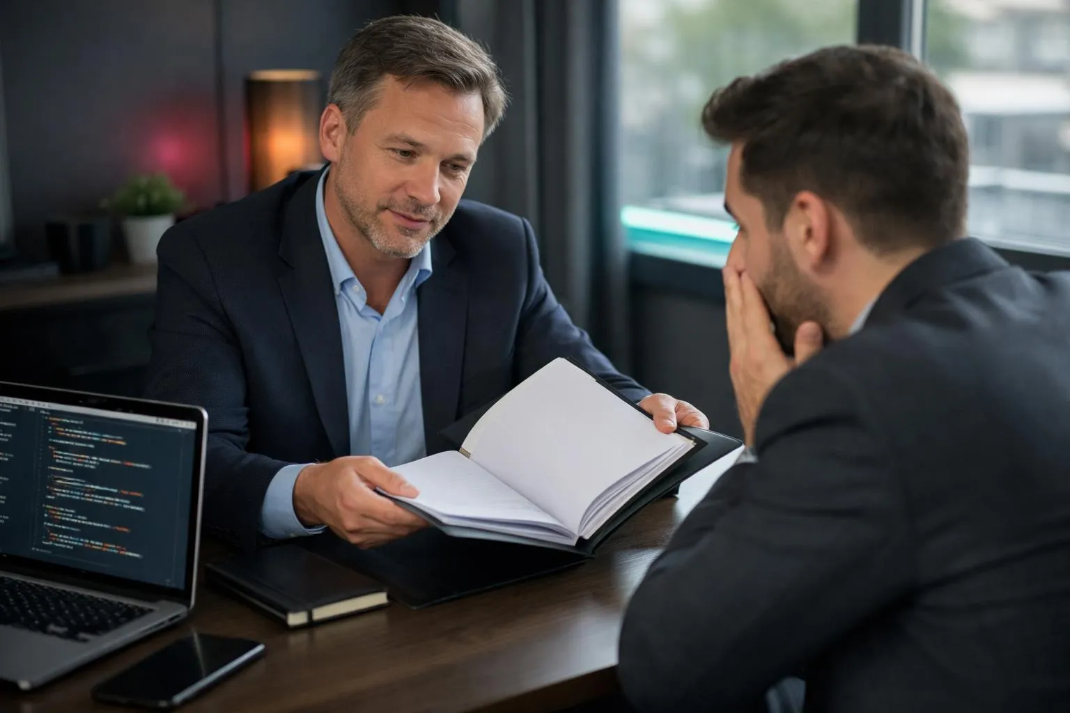 A business consultant in a modern office revealing hidden documents from a folder to a surprised client, laptop showing web development code on screen, professional setting with clean desk and glass walls, natural lighting