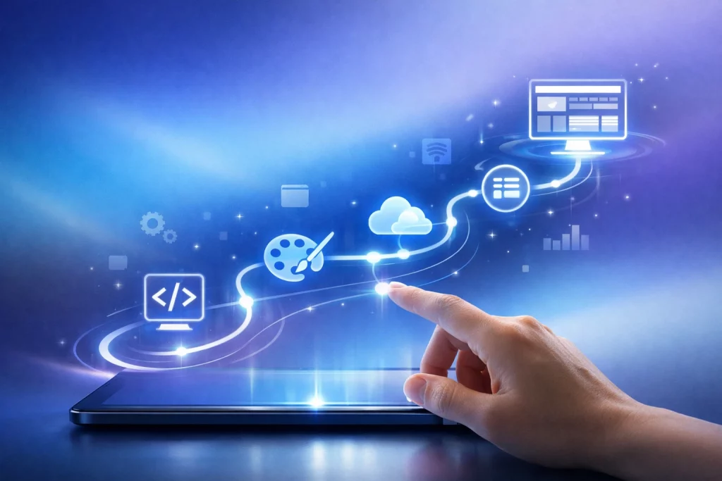 Processus de création de site internet en 2026, avec icônes techniques et progression sur fond dégradé.