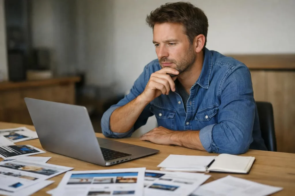 "Choix agence création site internet Nantes, homme consultant ordinateur portable"
