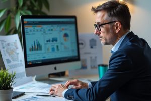 Consultant ERP pour entreprises de transport analysant des données logistiques sur ordinateur portable.