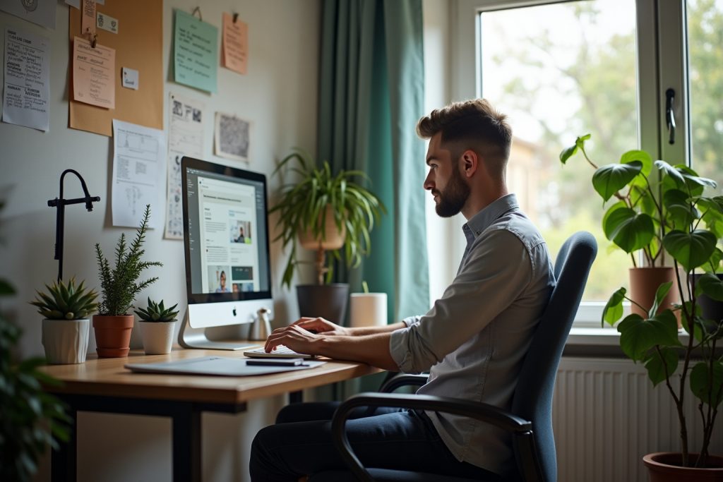 Création site internet auto entrepreneur, homme travaillant sur son site web dans un espace de bureau