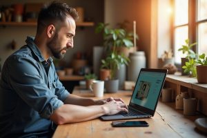 Artisan lyonnais créant son site vitrine WordPress dans son atelier