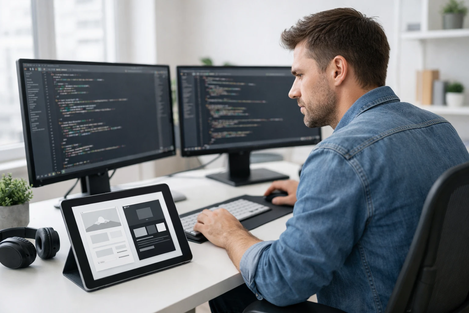 Développeur web travaillant sur plusieurs écrans affichant du code HTML, CSS et JavaScript, avec une maquette de site moderne visible sur tablette à côté