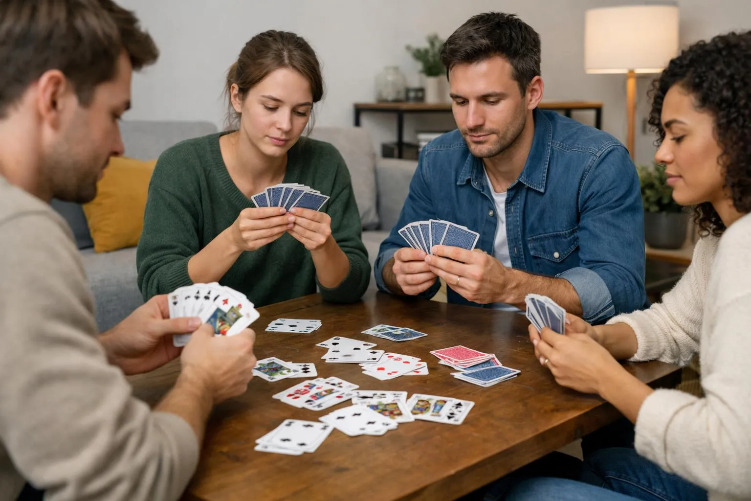 Groupe d'amis jouant à un jeu de cartes ensemble dans un salon confortable.