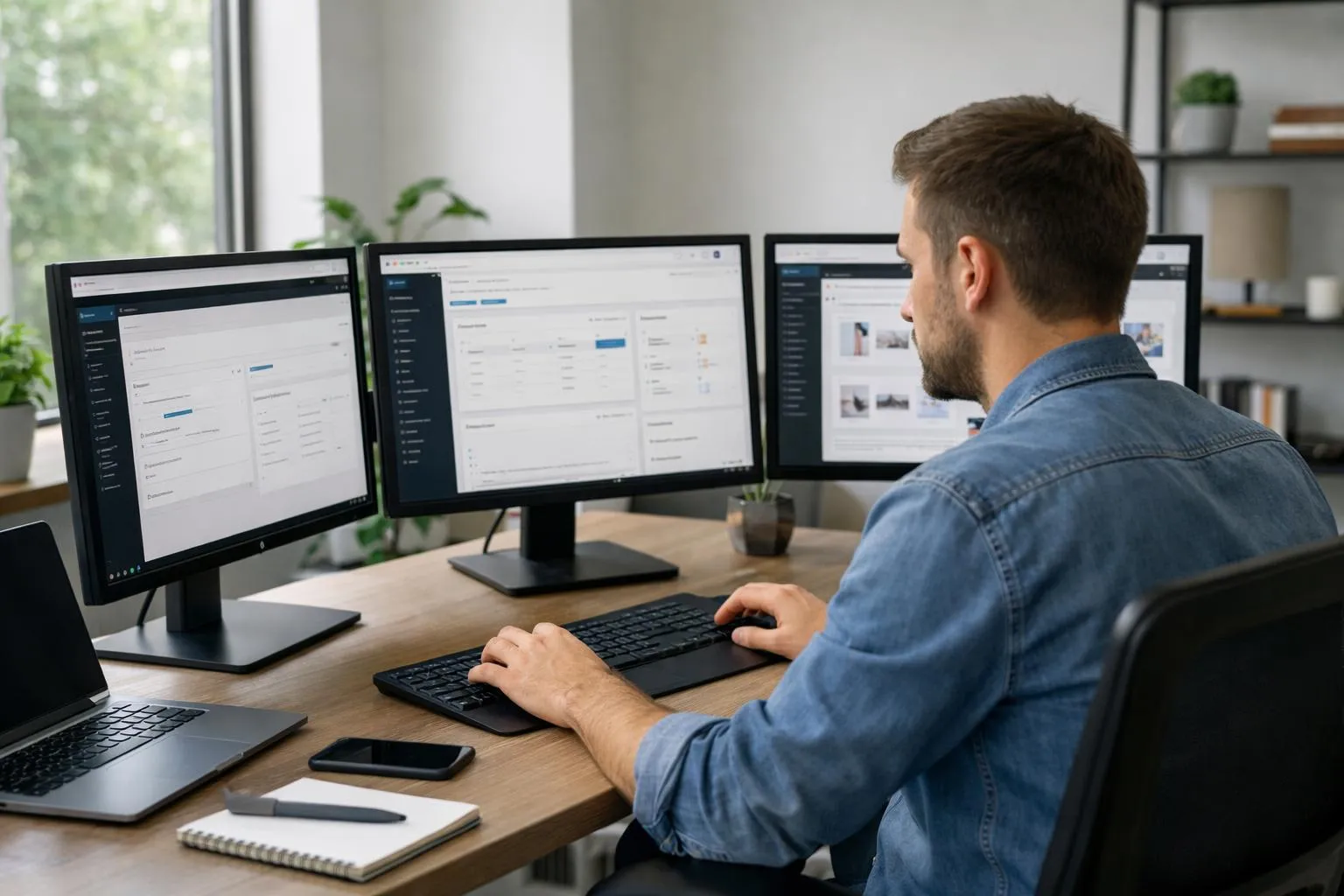 Homme travaillant sur plusieurs écrans d'ordinateur dans un bureau moderne.