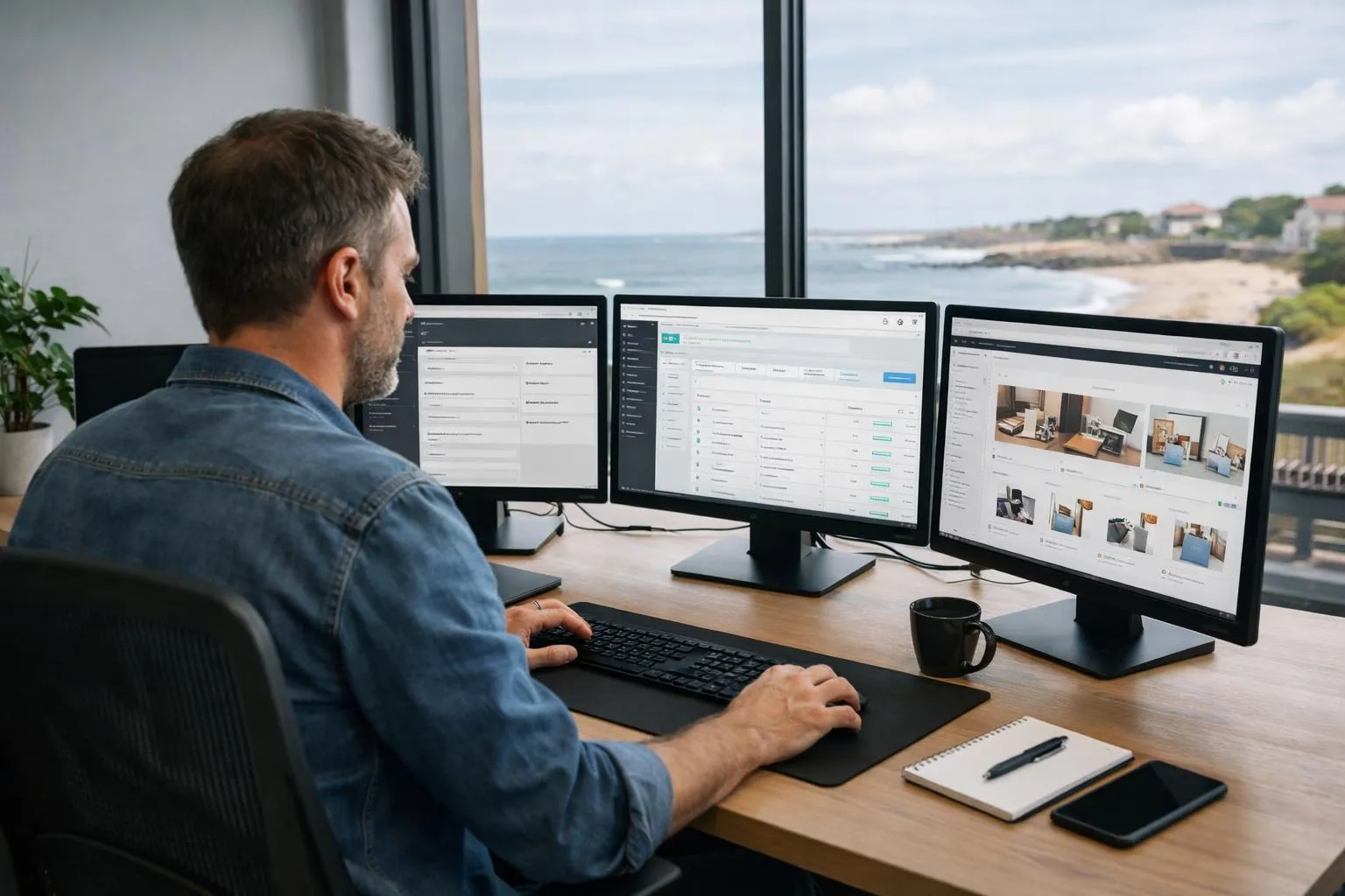 Homme travaillant sur plusieurs écrans d'ordinateur avec vue sur l'océan.