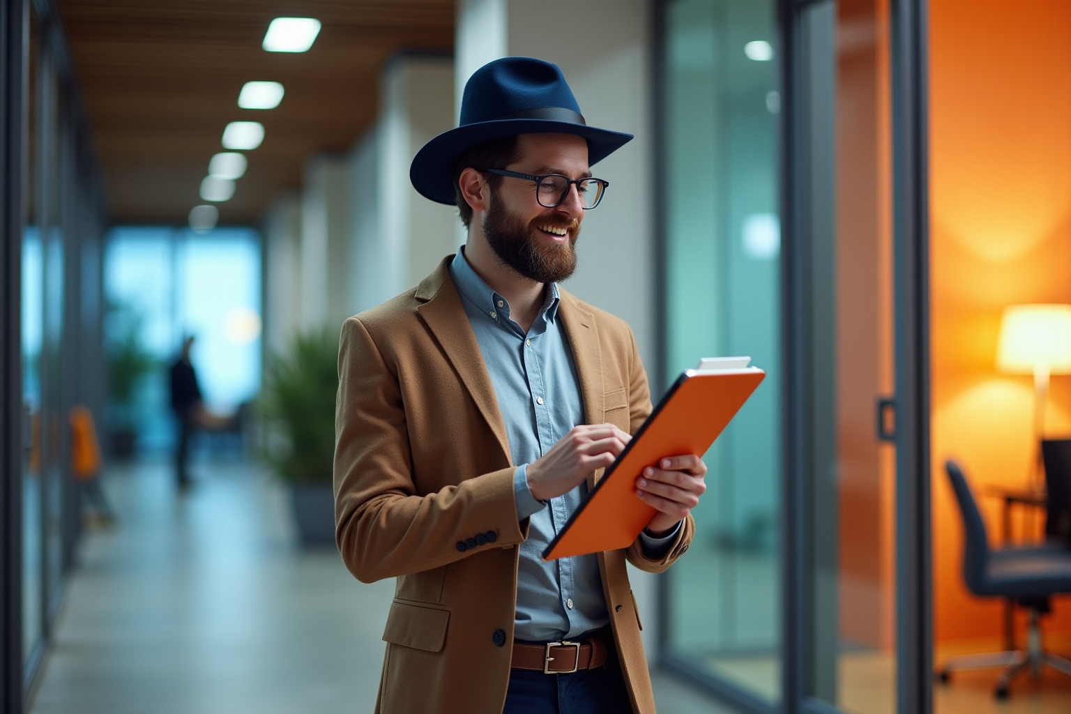 Homme barbu souriant, portant un chapeau et des lunettes, tenant une tablette.