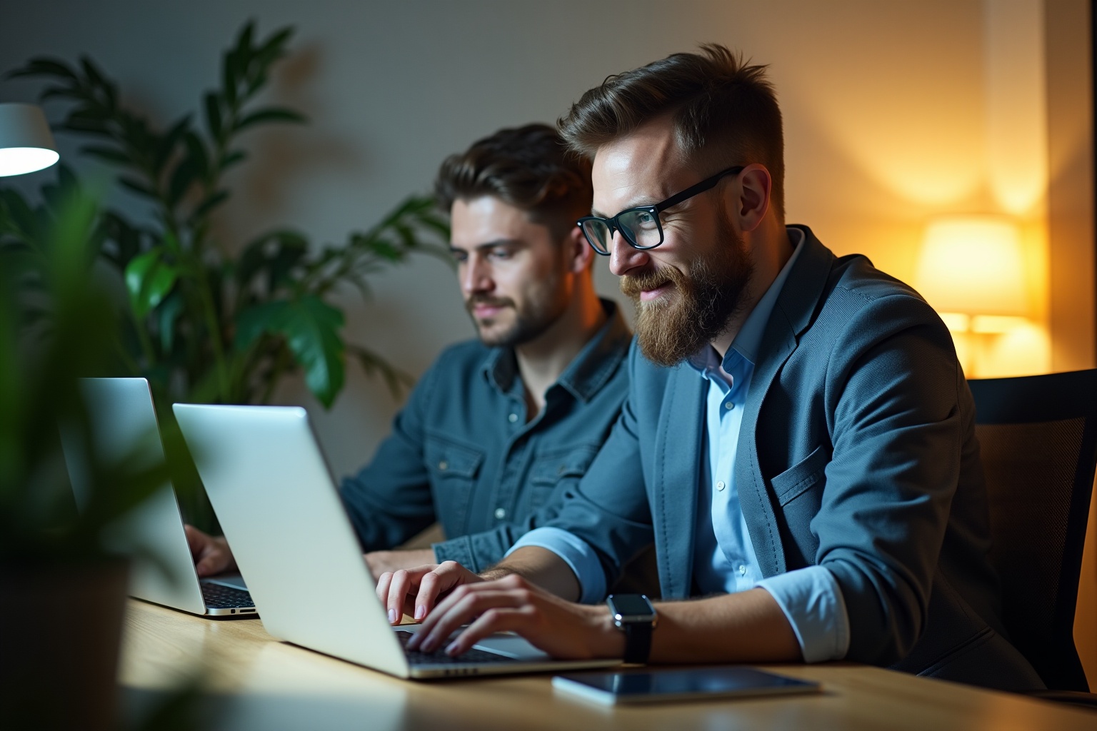 Deux hommes d'affaires travaillant ensemble sur un ordinateur portable dans un bureau.