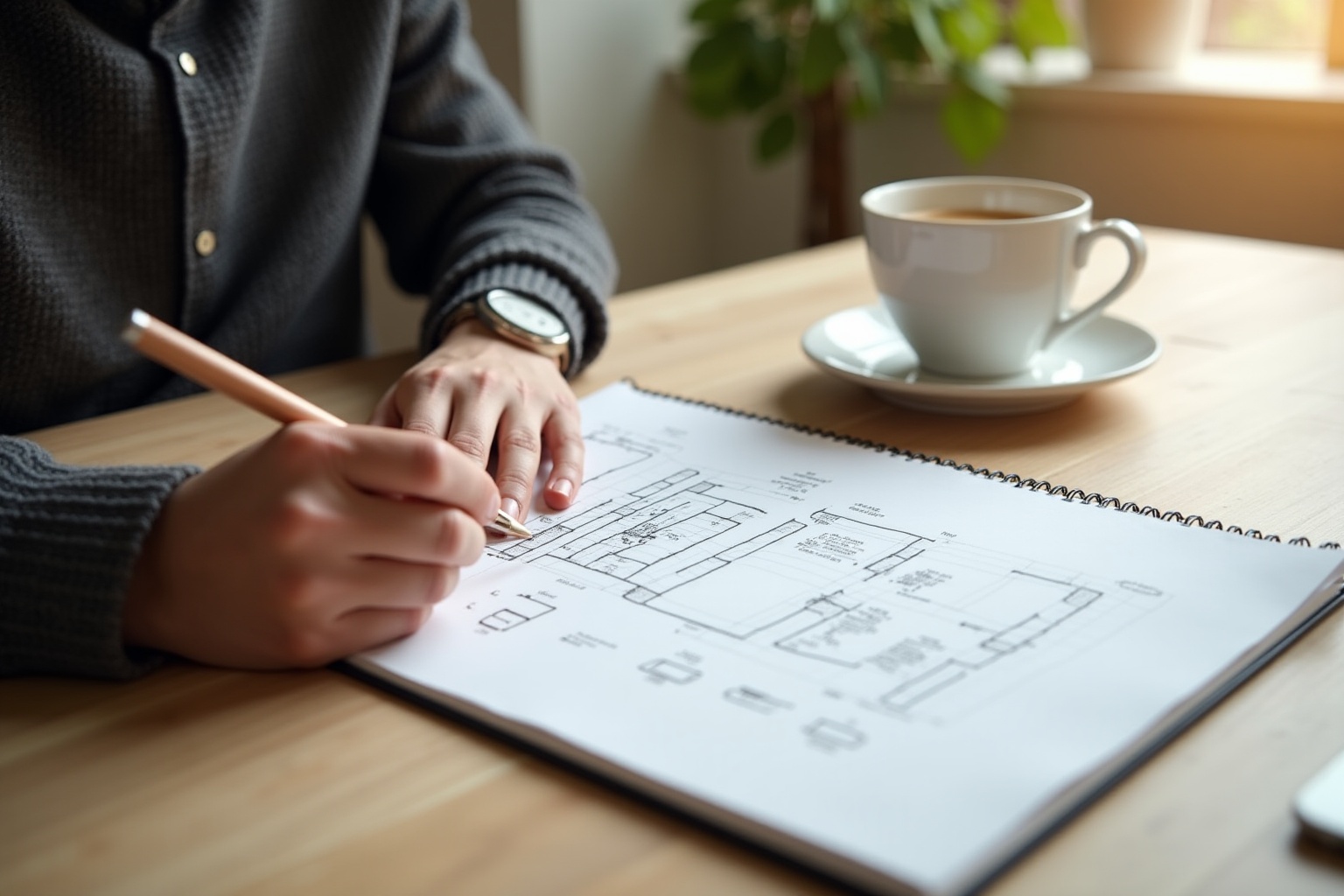 Personne travaillant sur un plan architectural avec un crayon et une tasse de café.