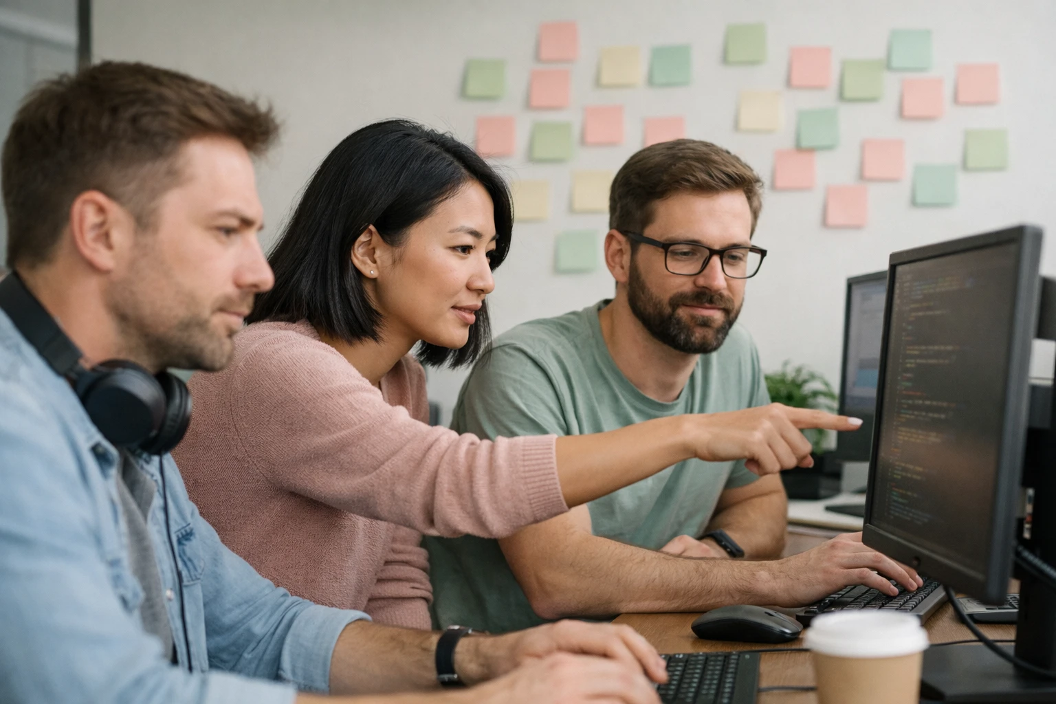 Équipe de trois développeurs web travaillant ensemble dans un bureau moderne, écrans affichant du code et des maquettes de sites, post-its colorés sur un mur blanc, ambiance collaborative et concentrée