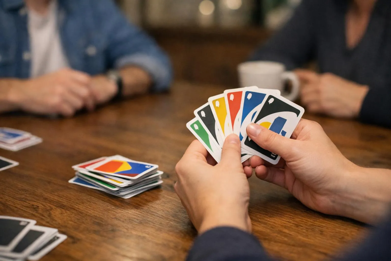 Jeu de cartes Uno sur une table en bois.