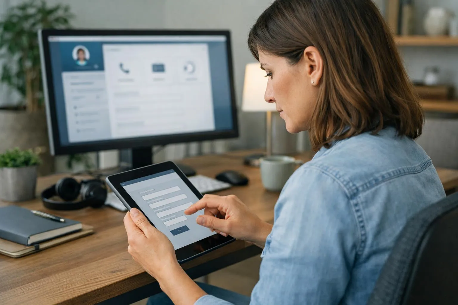Femme utilisant une tablette numérique et un ordinateur dans un bureau à domicile.