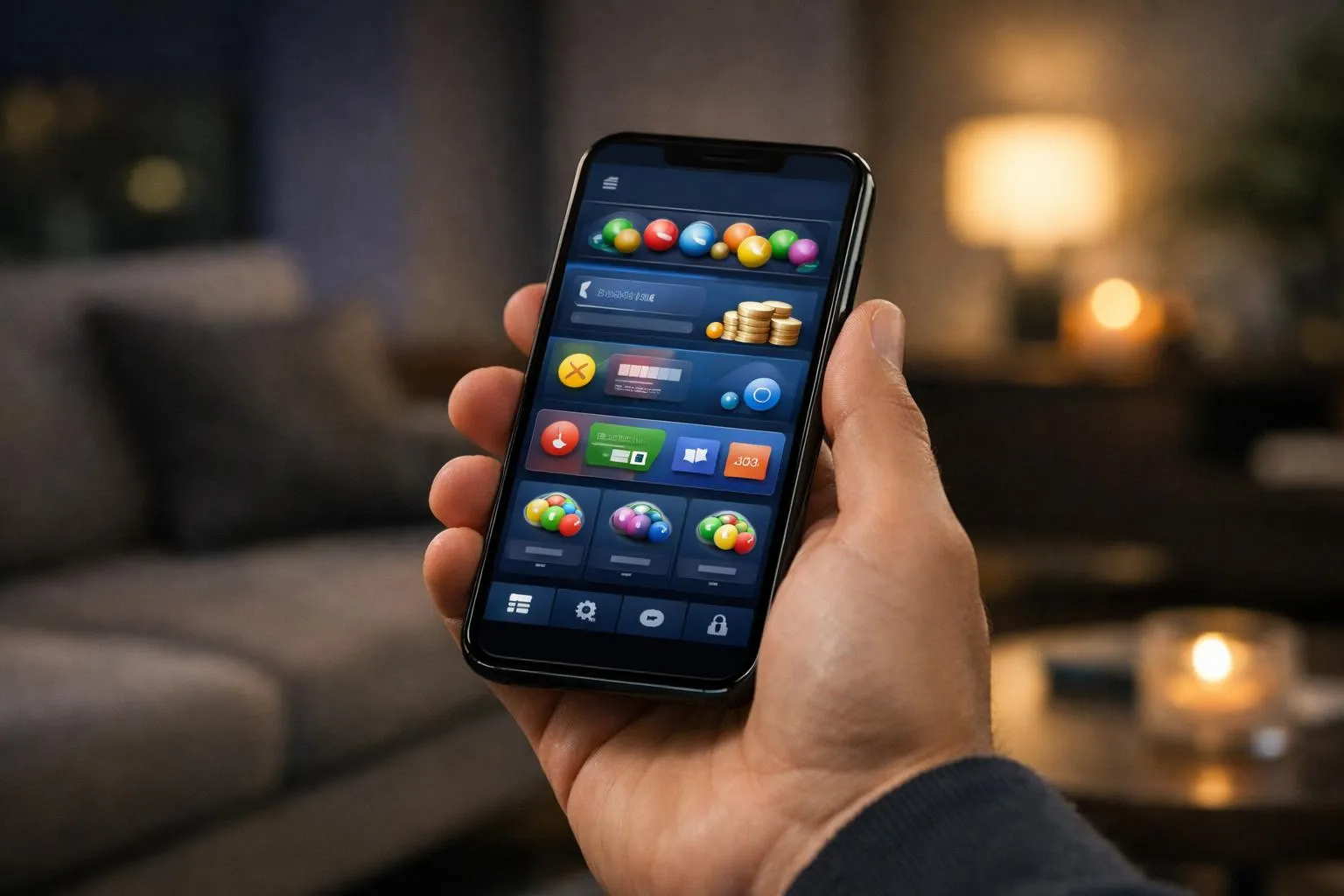 Smartphone avec interface graphique colorée et interactive.
