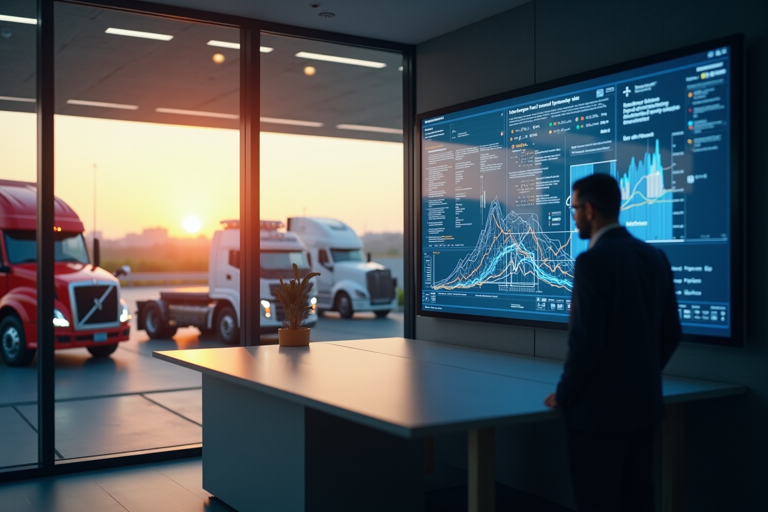 Intérieur d'un bureau avec écran affichant des données financières et camions à l'extérieur.