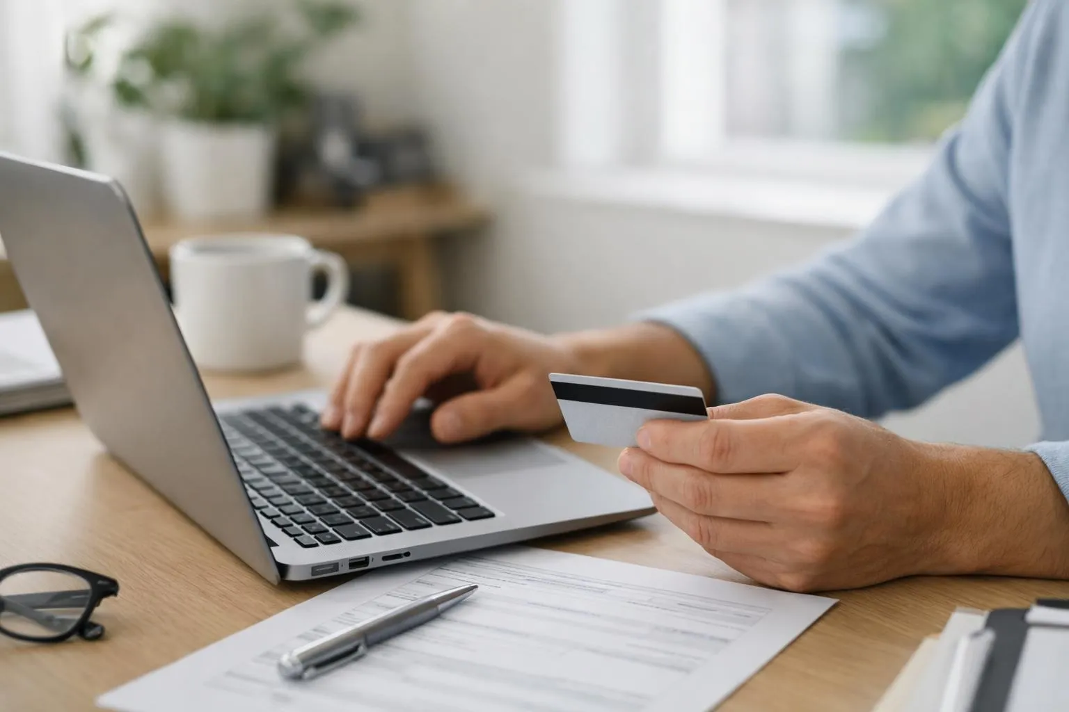 Personne effectuant un achat en ligne avec une carte de crédit.