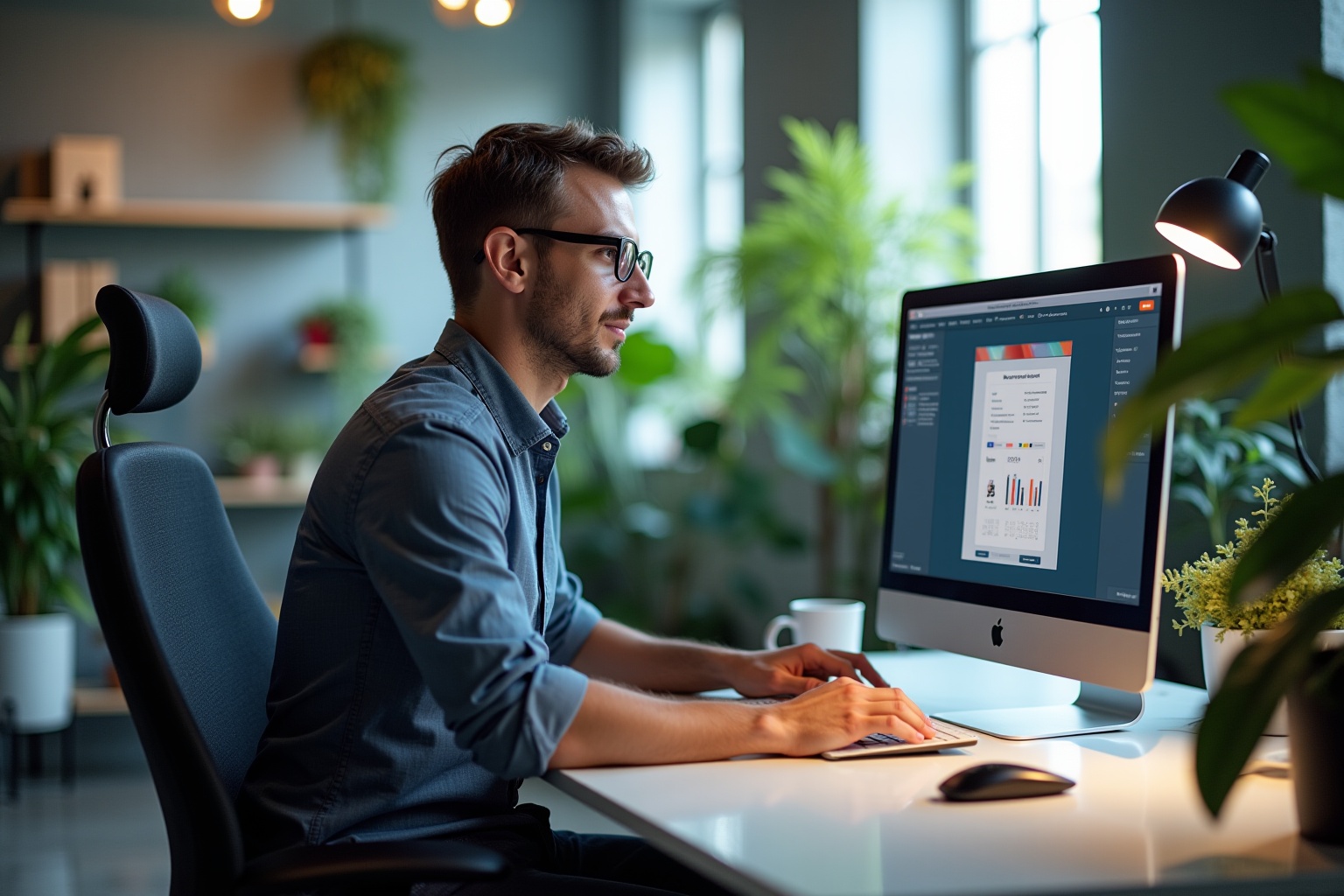 Homme concentré travaillant sur un ordinateur dans un bureau moderne.