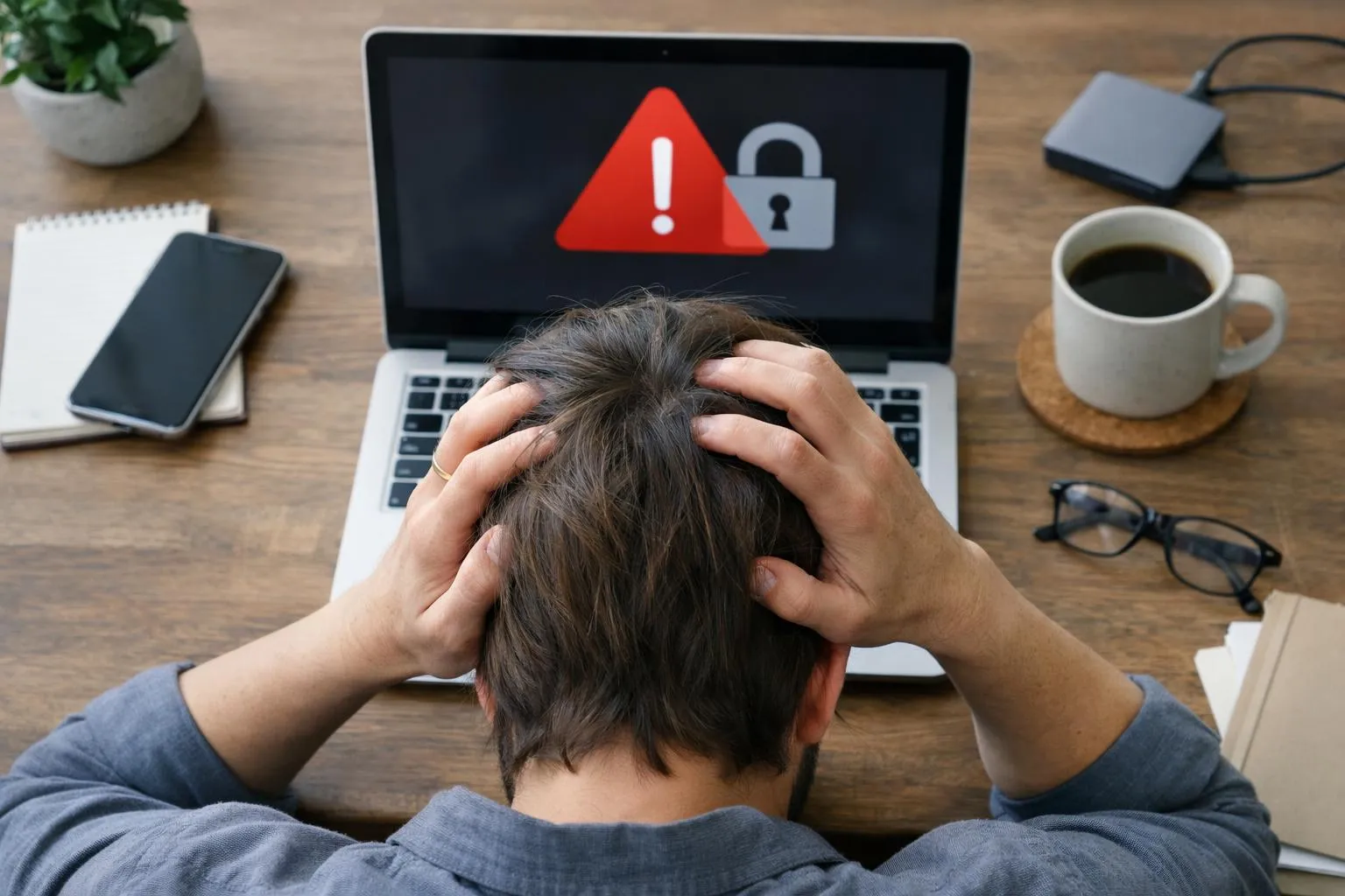 Personne stressée par un problème de sécurité informatique.