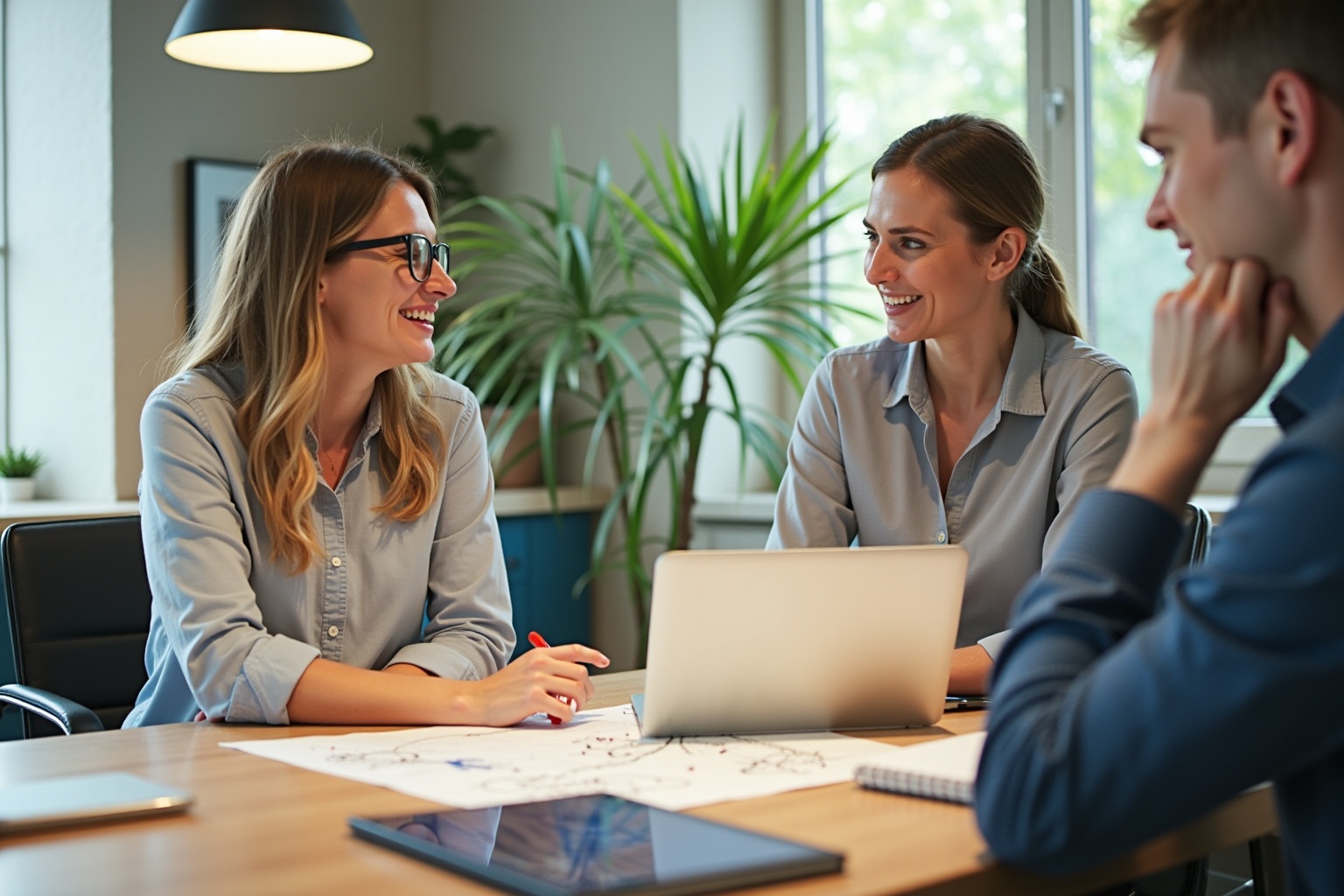 Trois personnes en discussion dans un bureau lumineux et moderne.