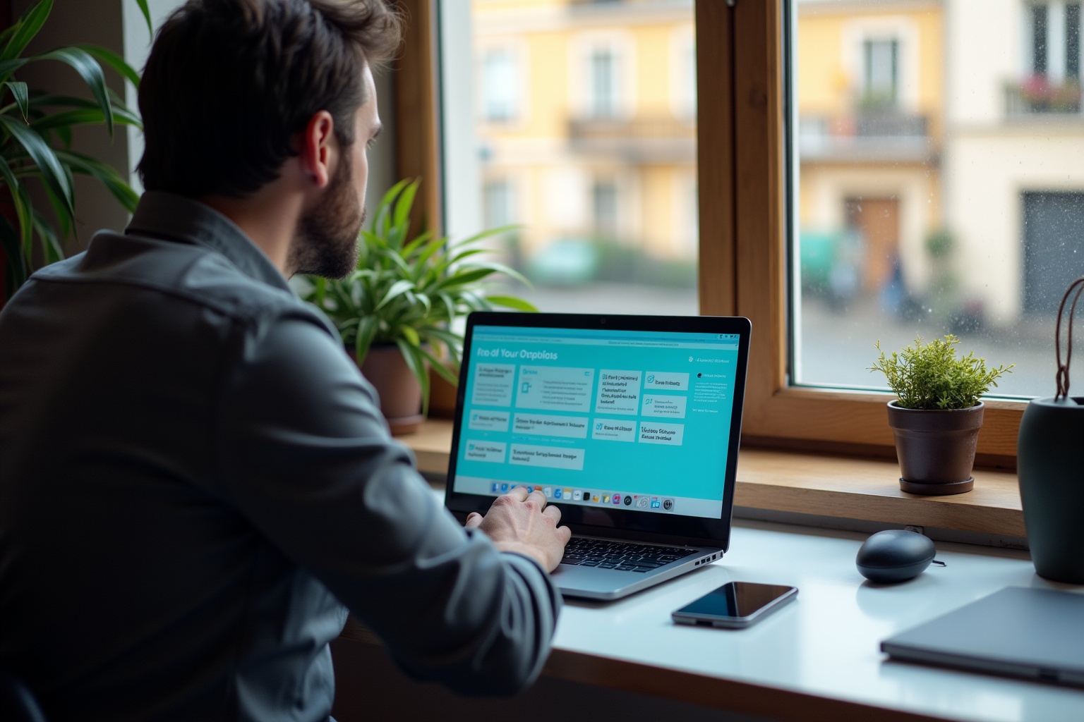 Homme barbu travaillant sur un ordinateur portable dans un bureau lumineux.