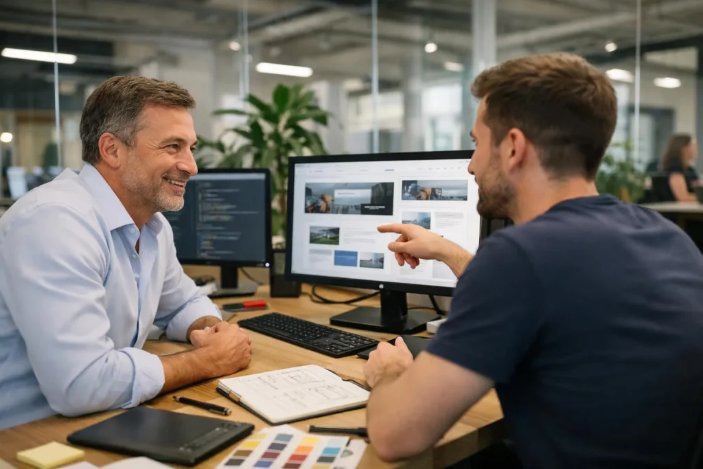 "Un entrepreneur discute avec un développeur web dans un bureau moderne pour créer un site web professionnel"