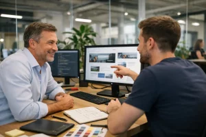 "Un entrepreneur discute avec un développeur web dans un bureau moderne pour créer un site web professionnel"