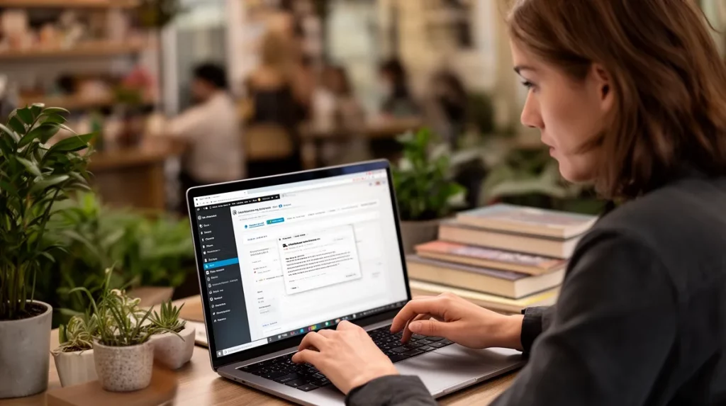 "Un développeur web travaillant sur la maintenance WordPress sur son ordinateur portable dans un espace de coworking"