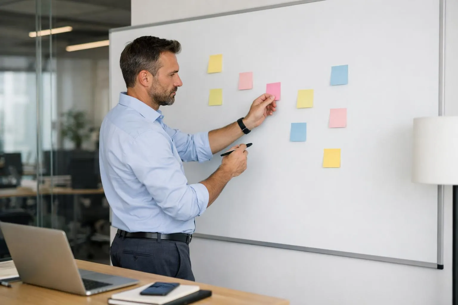 Homme d'affaires utilisant des notes autocollantes pour planifier un projet.