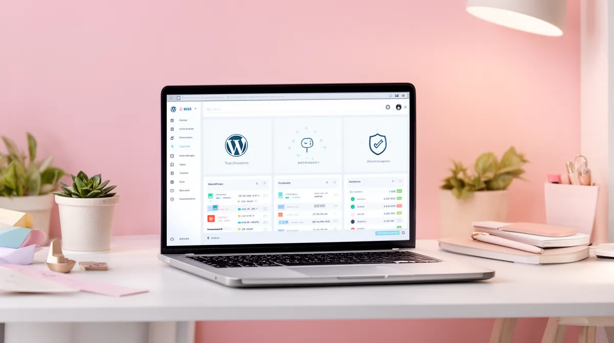 Ordinateur portable ouvert sur l'interface WordPress sur un bureau rose.