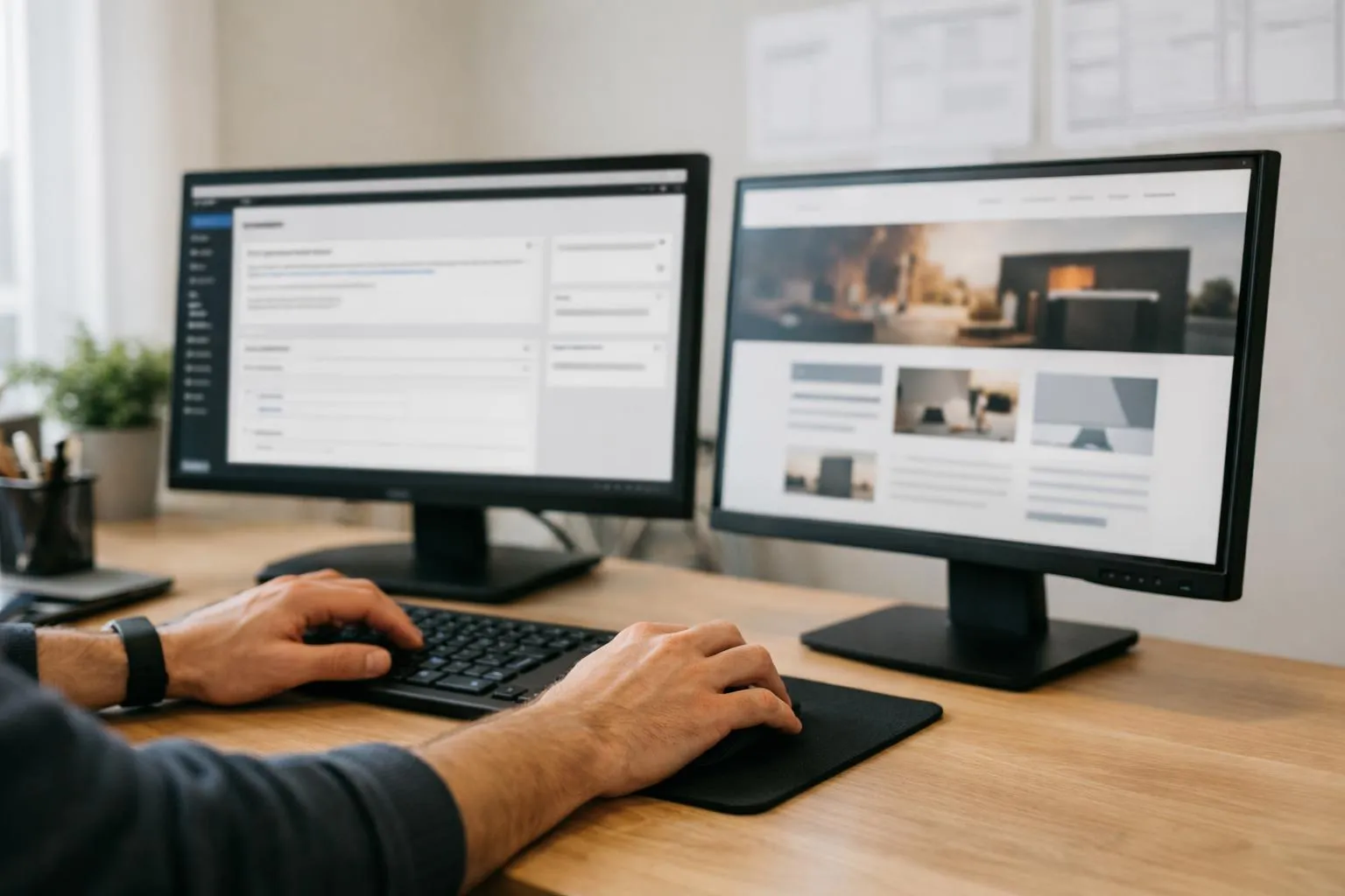Deux écrans d'ordinateur affichant des pages web, avec les mains d'une personne sur le clavier.