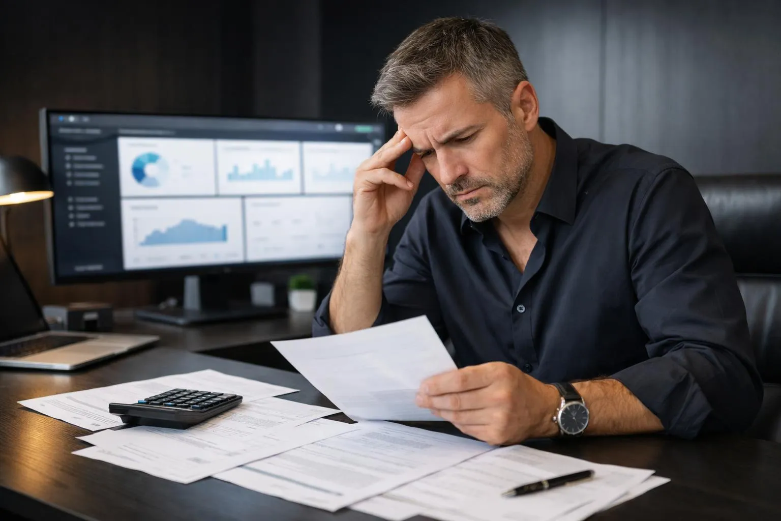Homme d'affaires concentré examinant des documents financiers sur son bureau.