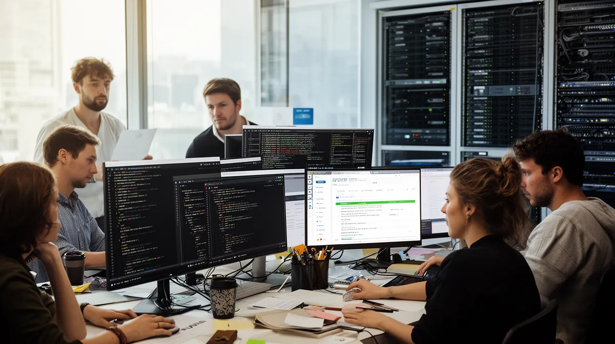Équipe de développeurs informatiques travaillant ensemble sur des projets complexes.