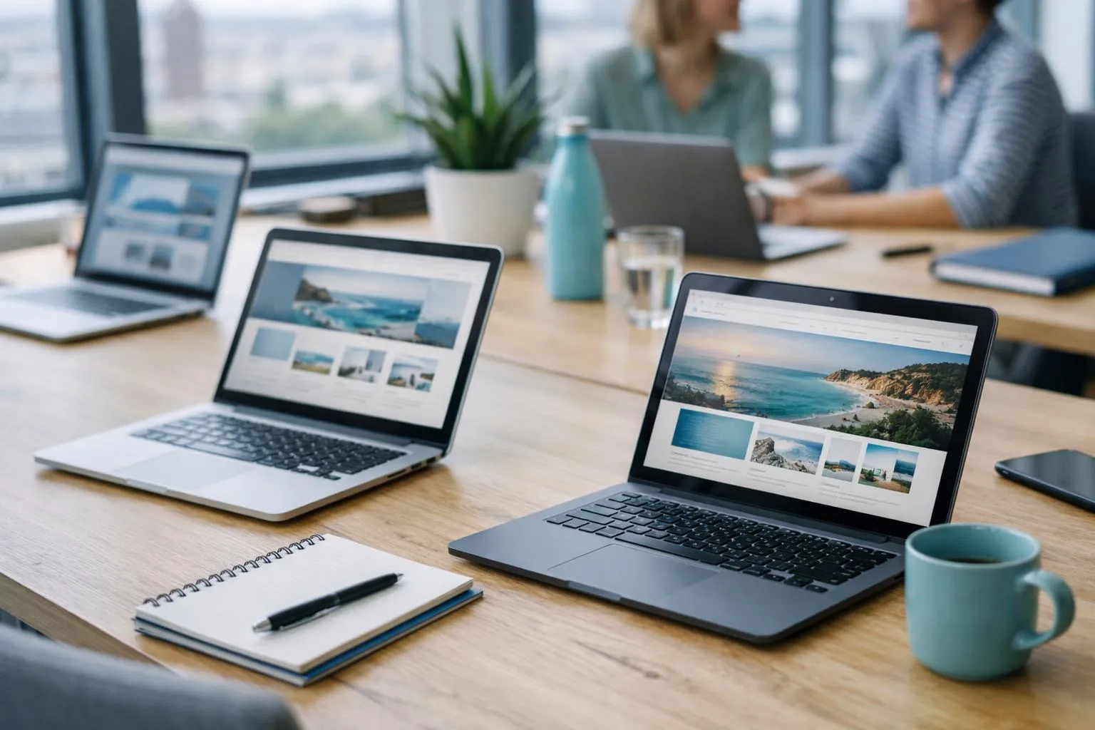 Bureau de travail avec ordinateurs portables, images de paysages, tasse et bloc-notes.