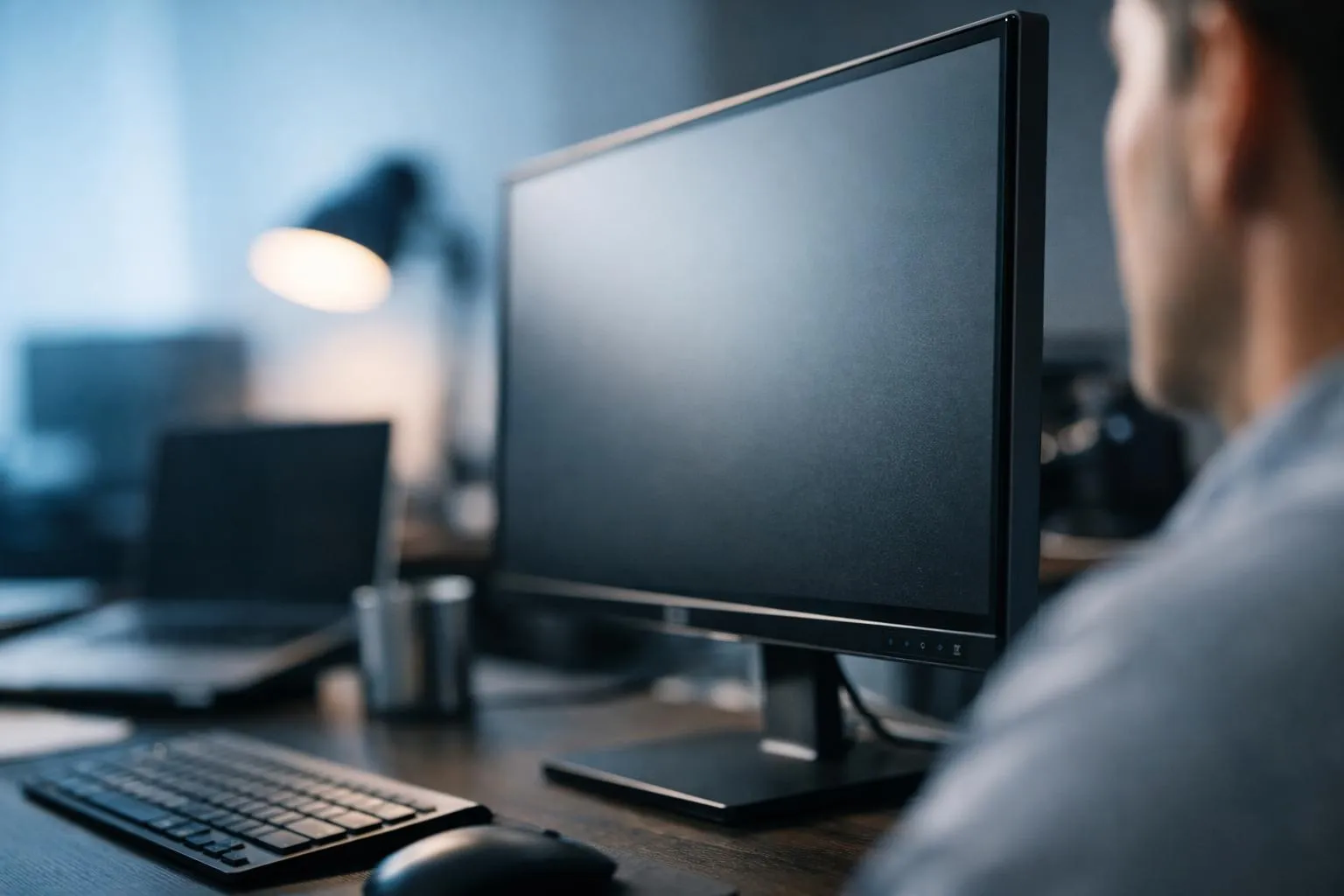 Écran d'ordinateur, clavier, souris, lampe de bureau, espace de travail sombre.