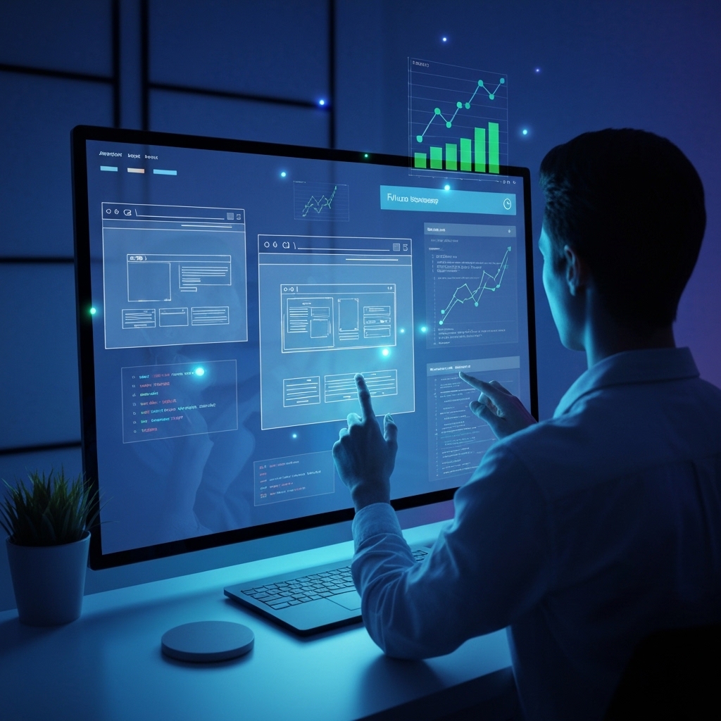 Développeur utilisant une interface futuriste pour la création site internet en 2026. Design web moderne et stratégique.