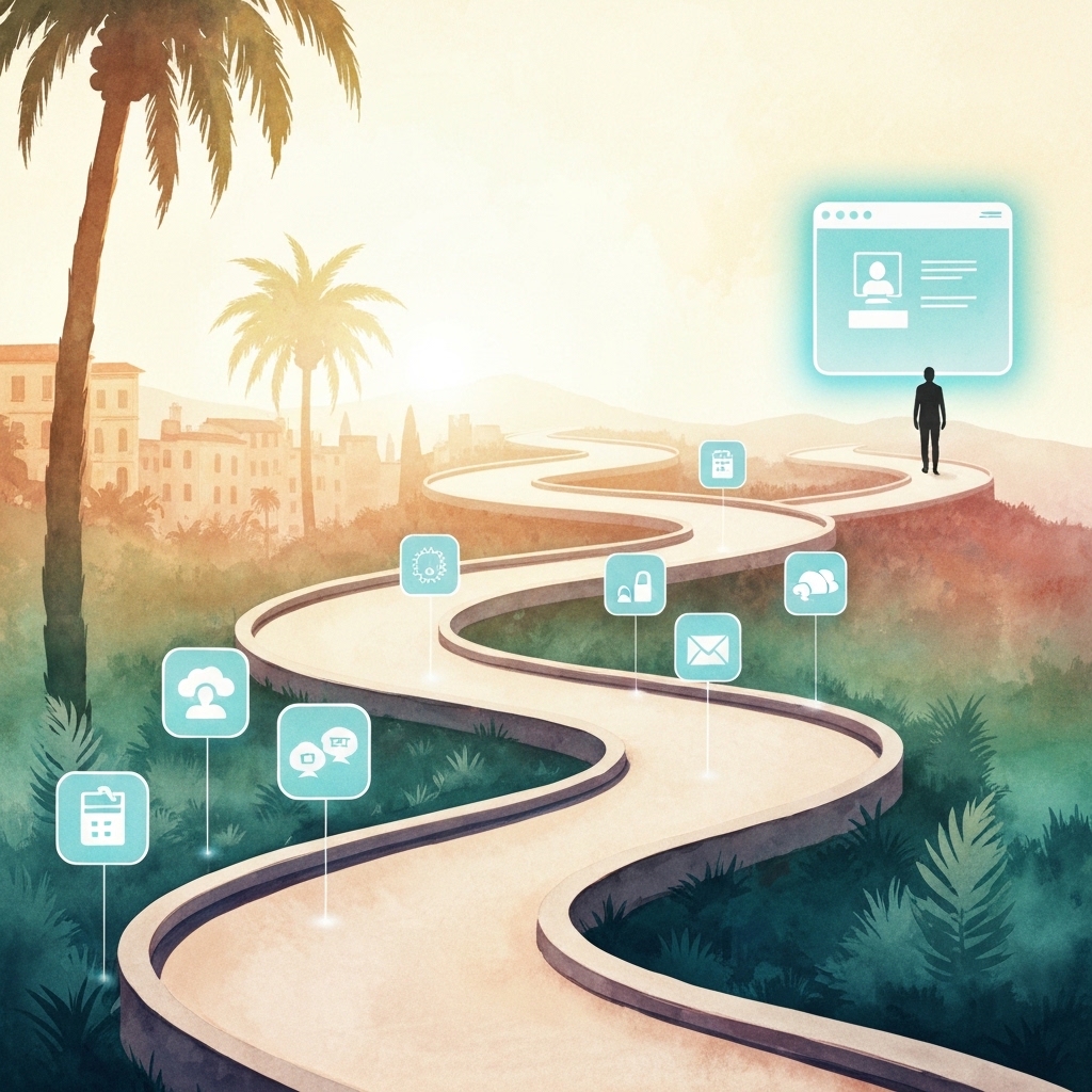 Illustration aquarelle d'un chemin vers une création site internet Nice réussie, avec étapes clés et décor niçois.