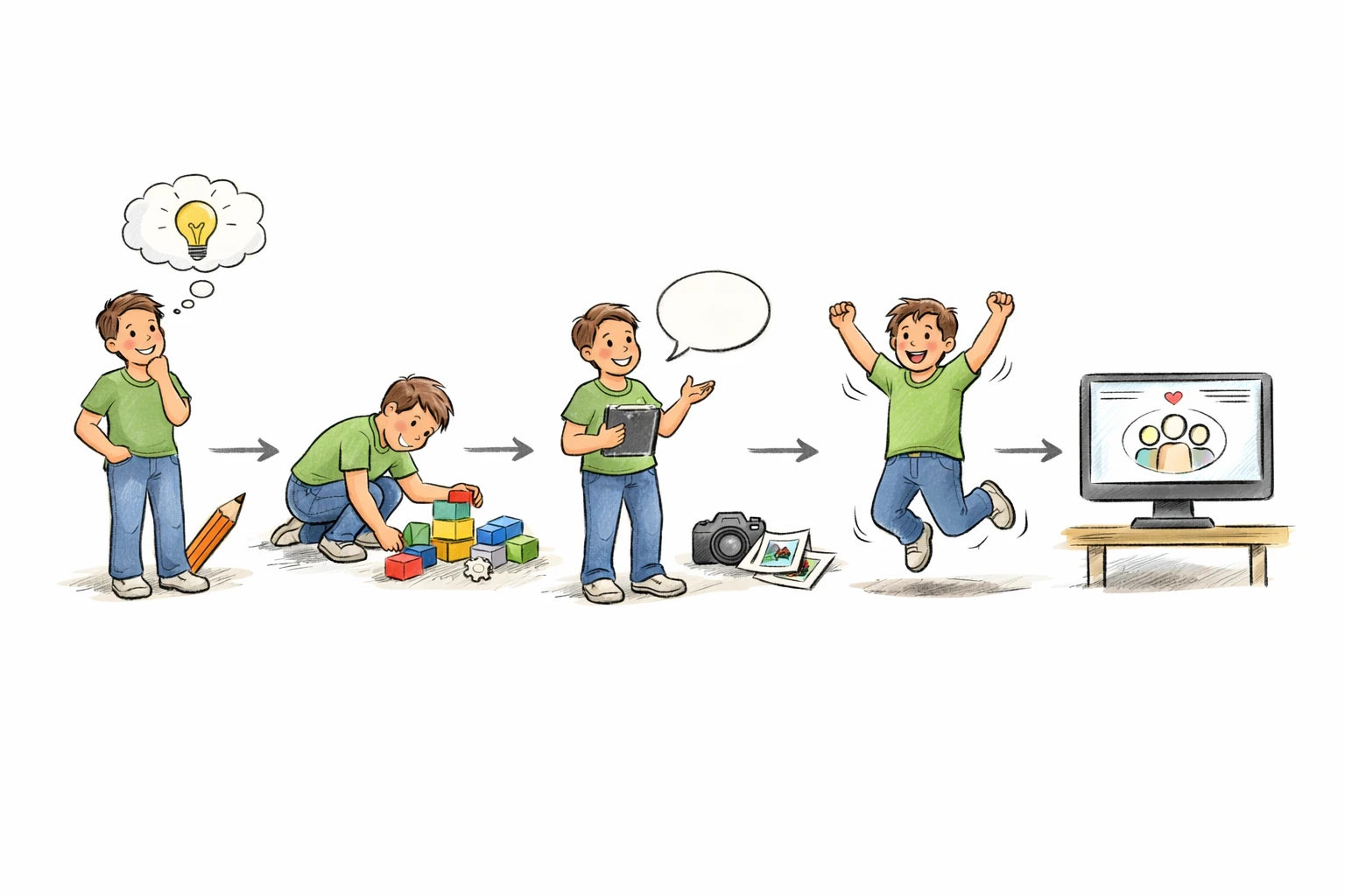 Schéma dessiné main de la création d'un site internet pour association en 5 étapes. Guide visuel convivial pour réussir.