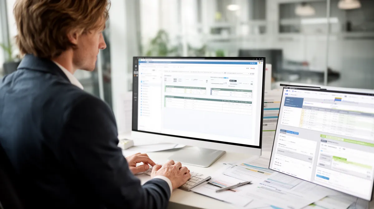 "Solutions ERP pour PME, un chef d'entreprise utilise un logiciel de gestion intégré dans son bureau"