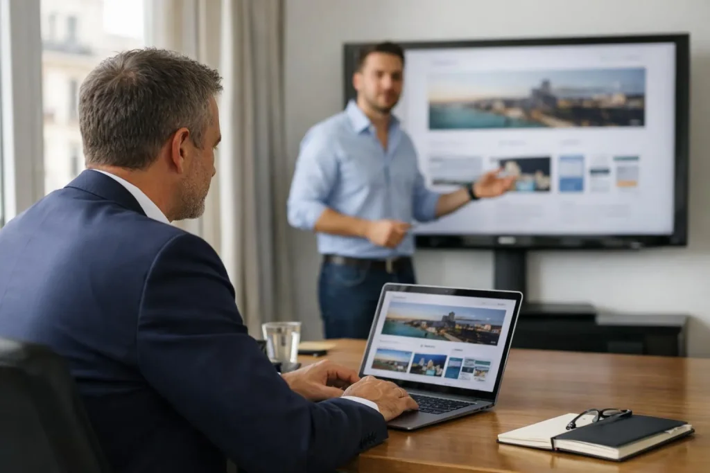 "Un homme d'affaires à Bordeaux travaille avec une agence web pour créer un site internet, collaboration et conception de pro