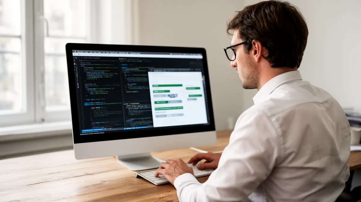 Développeur informatique sérieux travaillant sur une application PHP à Lyon en 2026.